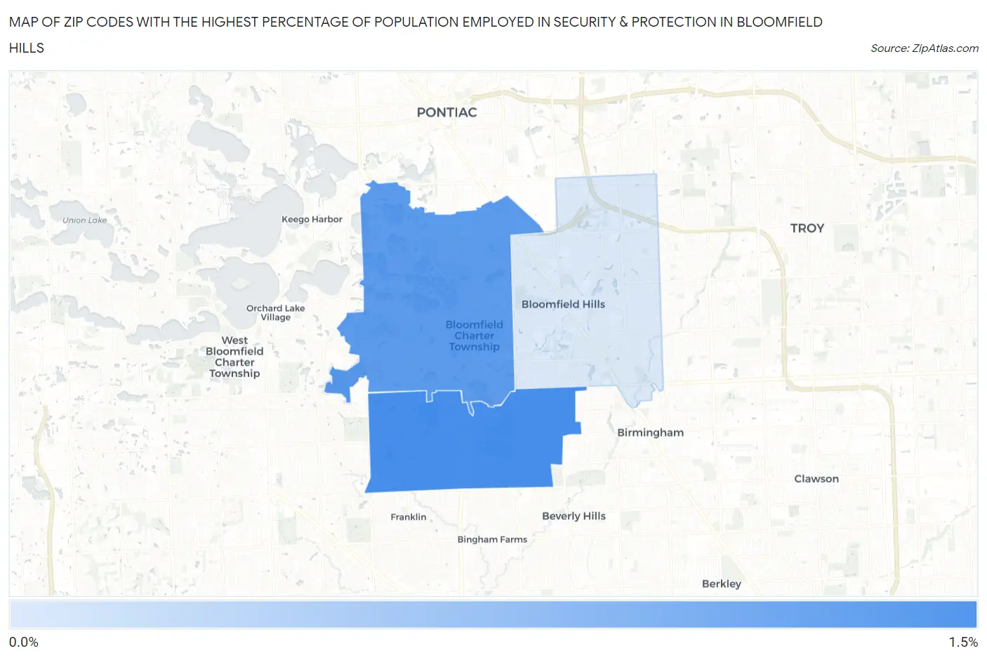 Zip Codes with the Highest Percentage of Population Employed in Security & Protection in Bloomfield Hills Map