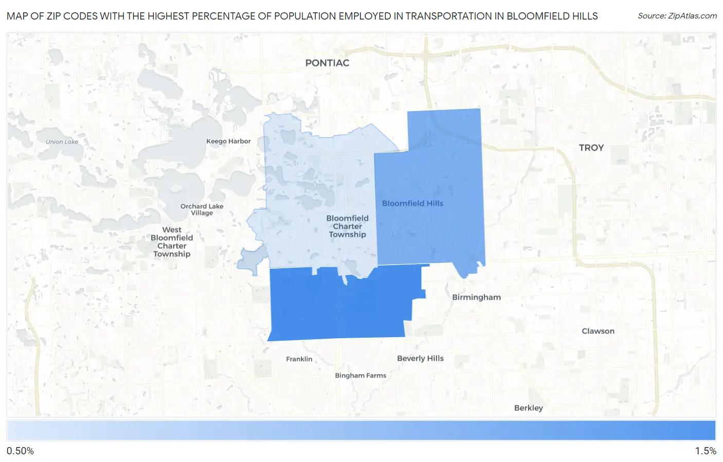 Zip Codes with the Highest Percentage of Population Employed in Transportation in Bloomfield Hills Map