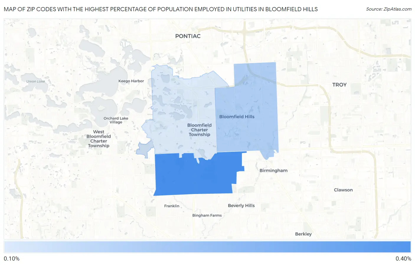 Zip Codes with the Highest Percentage of Population Employed in Utilities in Bloomfield Hills Map