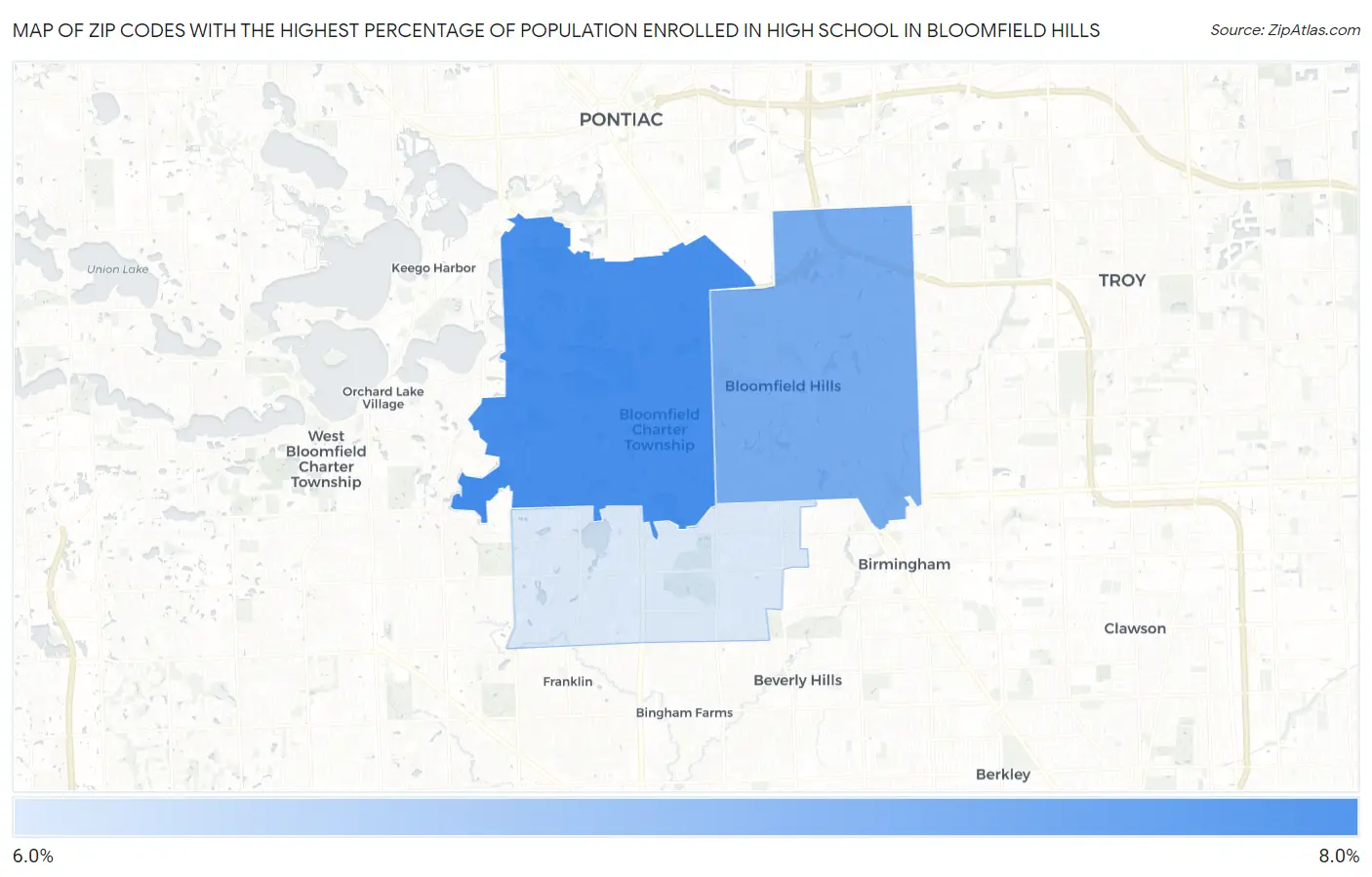 Zip Codes with the Highest Percentage of Population Enrolled in High School in Bloomfield Hills Map