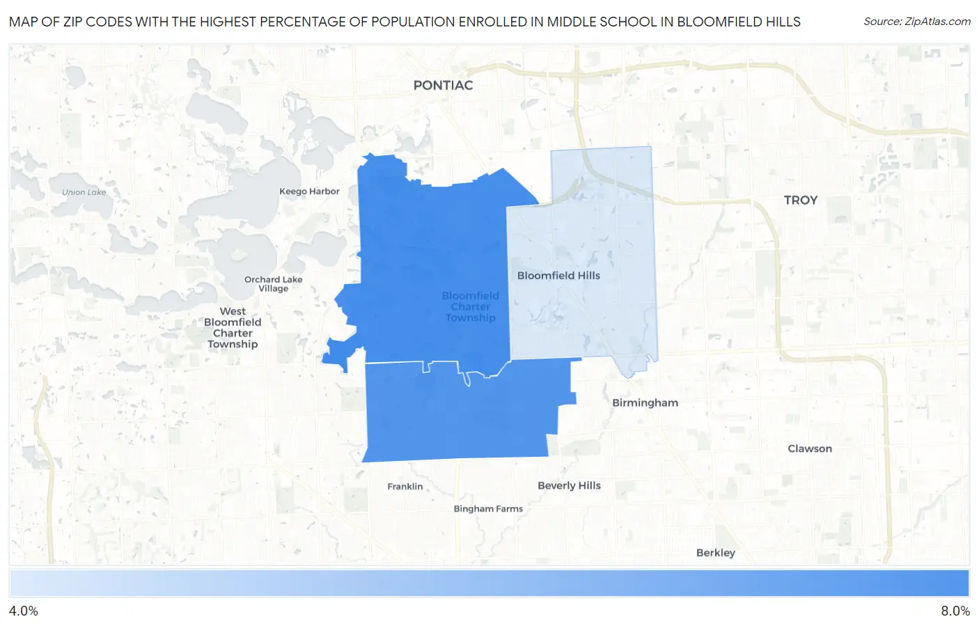 Zip Codes with the Highest Percentage of Population Enrolled in Middle School in Bloomfield Hills Map