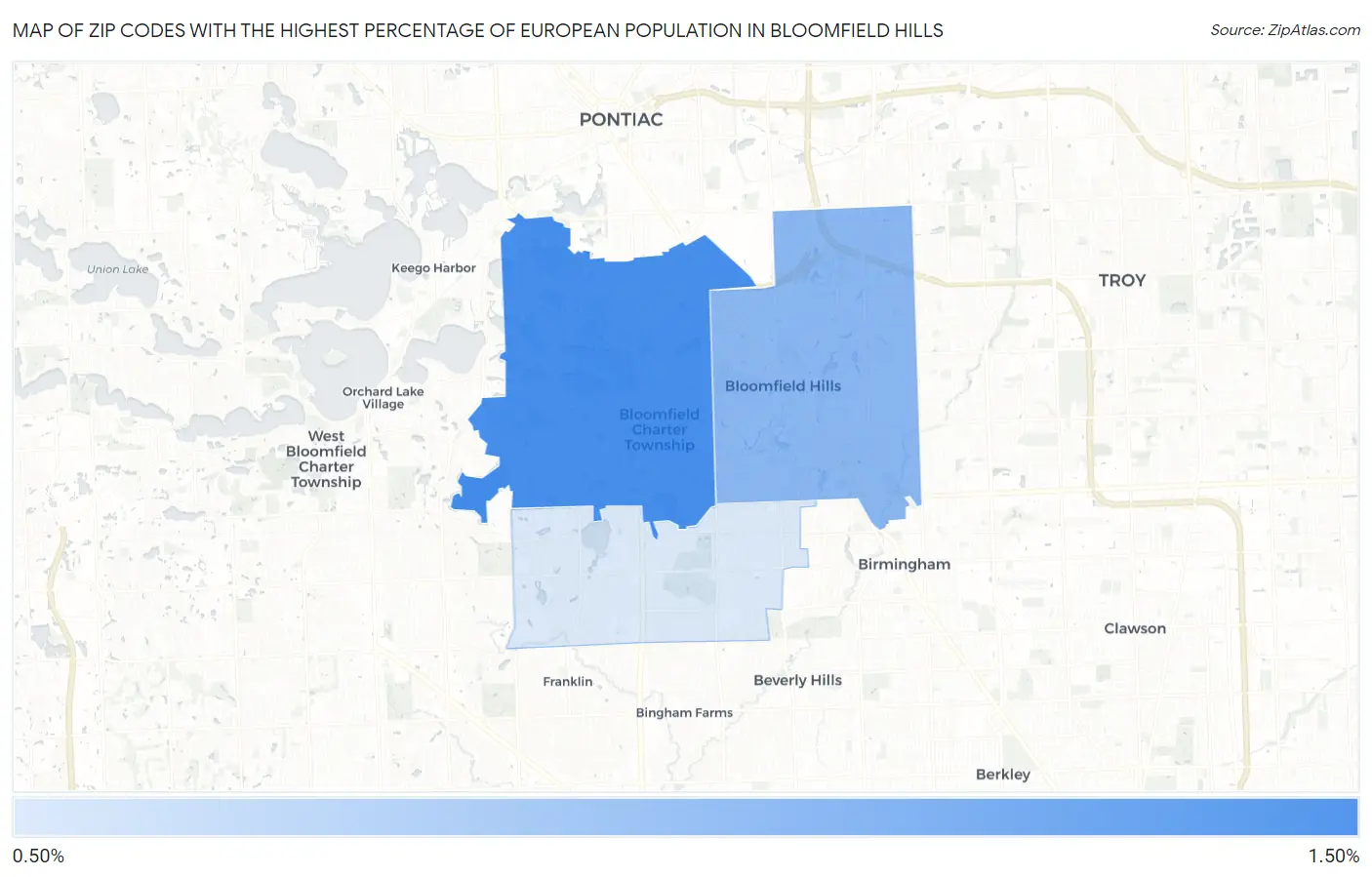 Zip Codes with the Highest Percentage of European Population in Bloomfield Hills Map