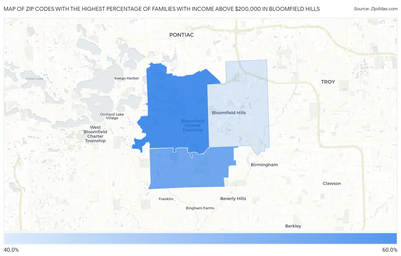 Zip Codes with the Highest Percentage of Families with Income Above $200,000 in Bloomfield Hills Map
