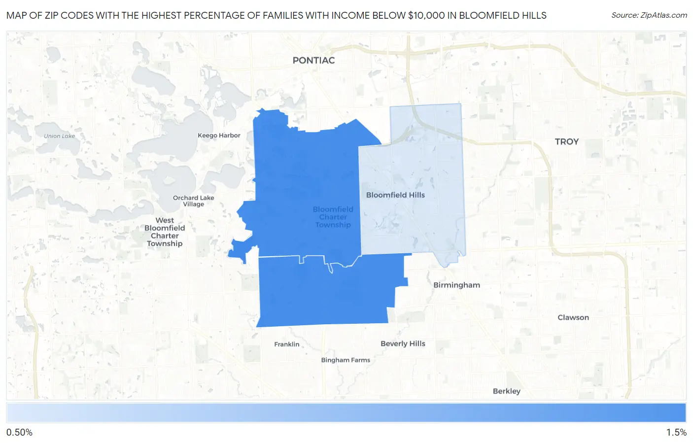 Zip Codes with the Highest Percentage of Families with Income Below $10,000 in Bloomfield Hills Map