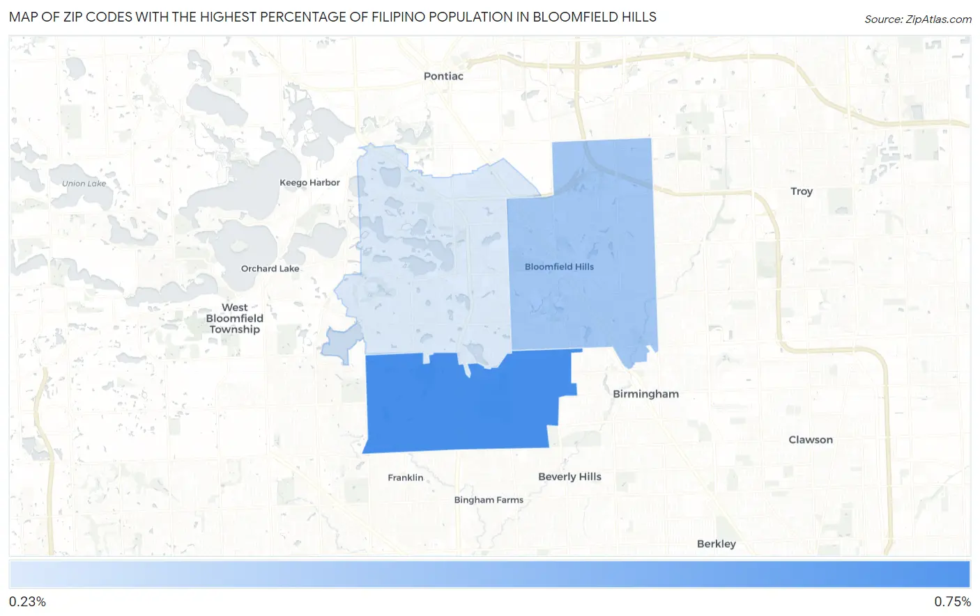 Zip Codes with the Highest Percentage of Filipino Population in Bloomfield Hills Map