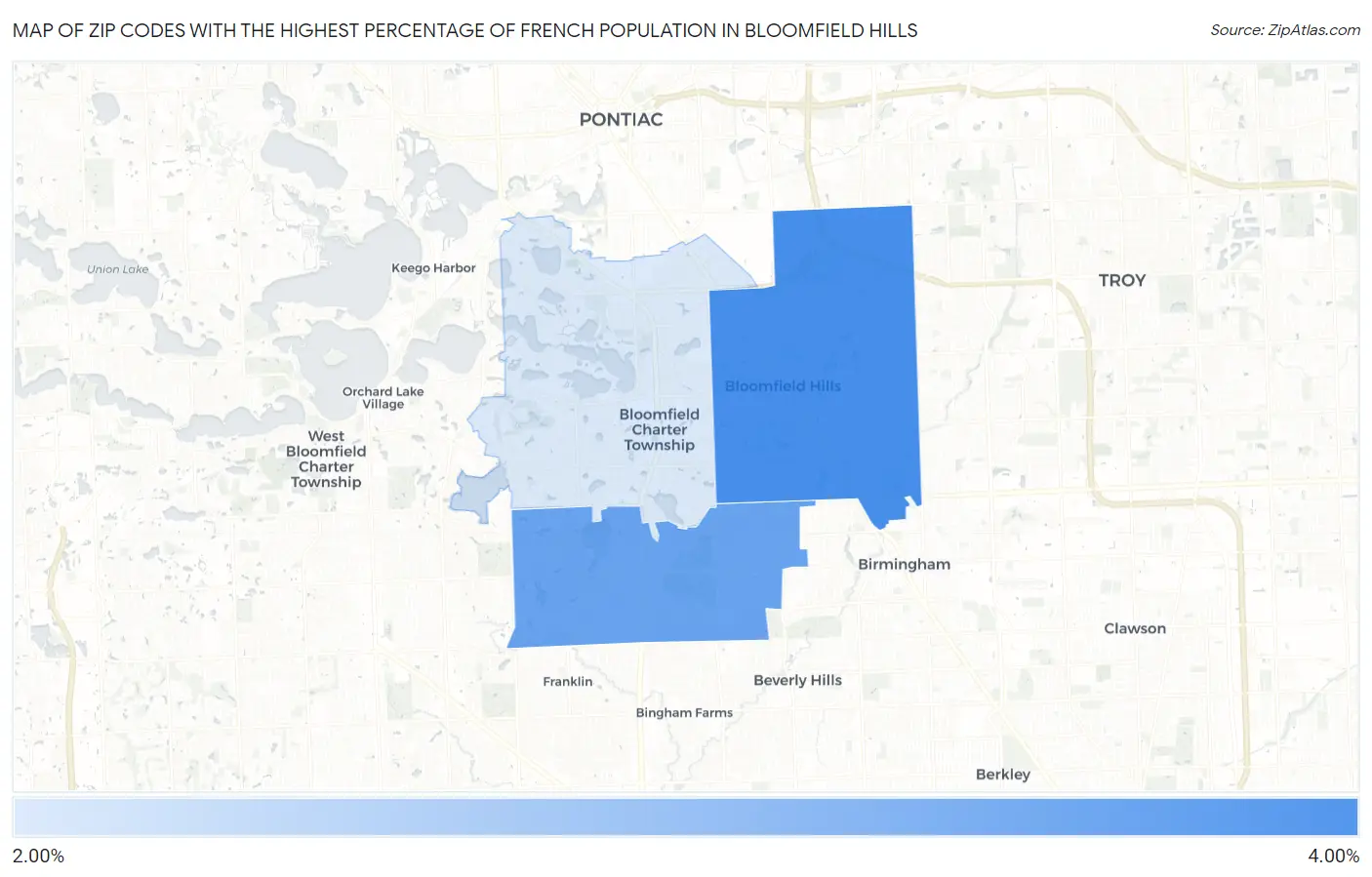 Zip Codes with the Highest Percentage of French Population in Bloomfield Hills Map