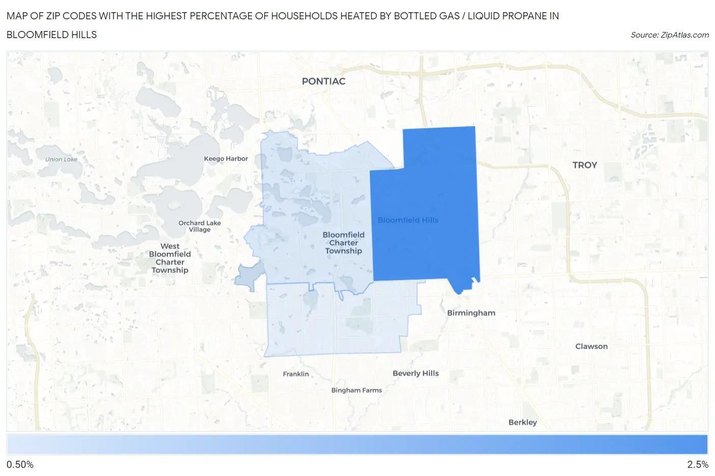 Zip Codes with the Highest Percentage of Households Heated by Bottled Gas / Liquid Propane in Bloomfield Hills Map