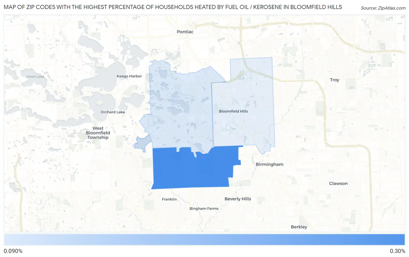 Zip Codes with the Highest Percentage of Households Heated by Fuel Oil / Kerosene in Bloomfield Hills Map