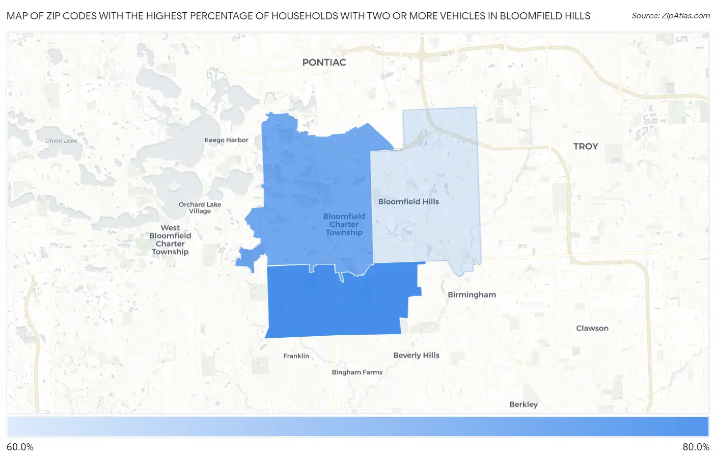 Zip Codes with the Highest Percentage of Households With Two or more Vehicles in Bloomfield Hills Map