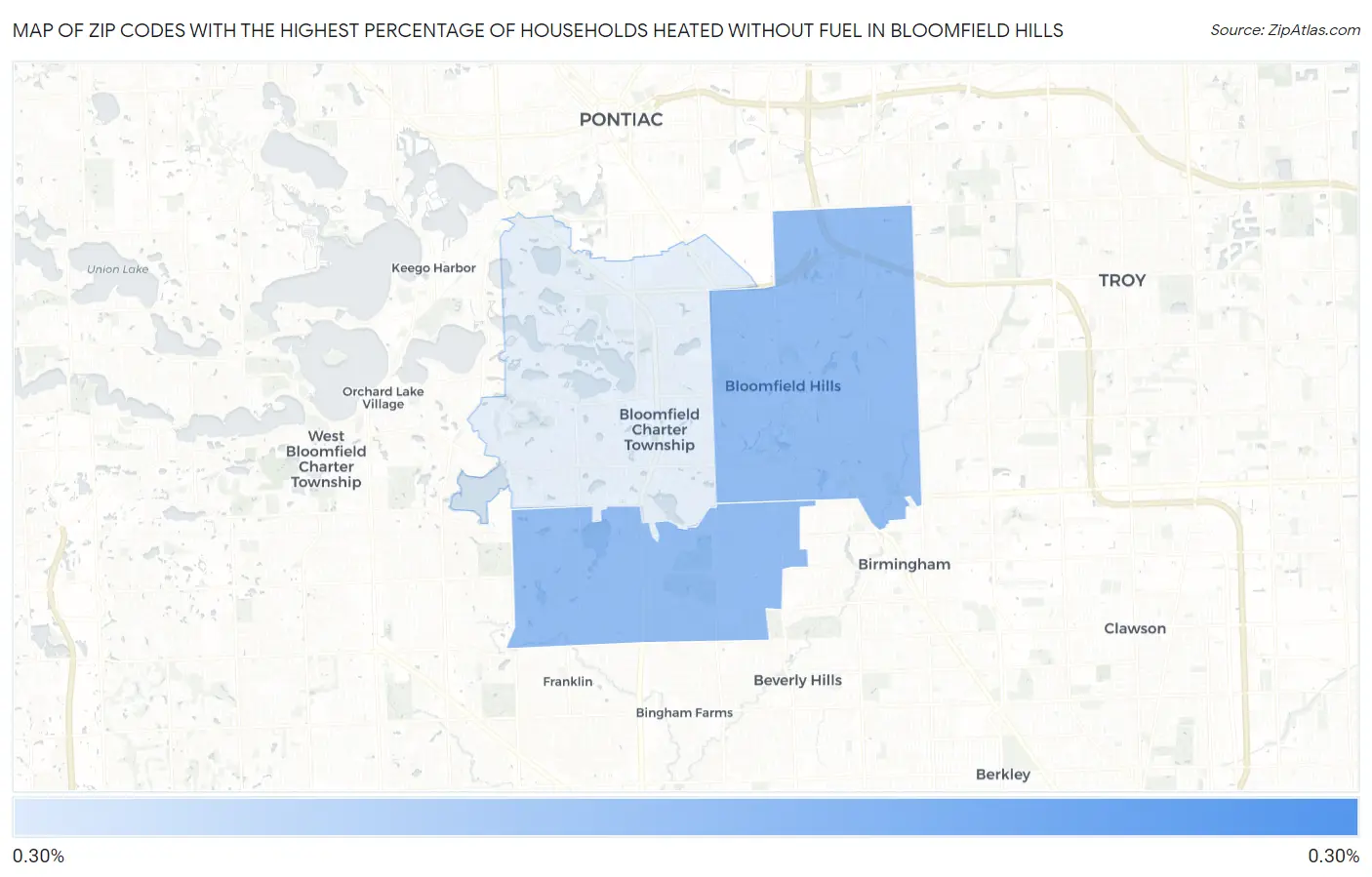 Zip Codes with the Highest Percentage of Households Heated without Fuel in Bloomfield Hills Map