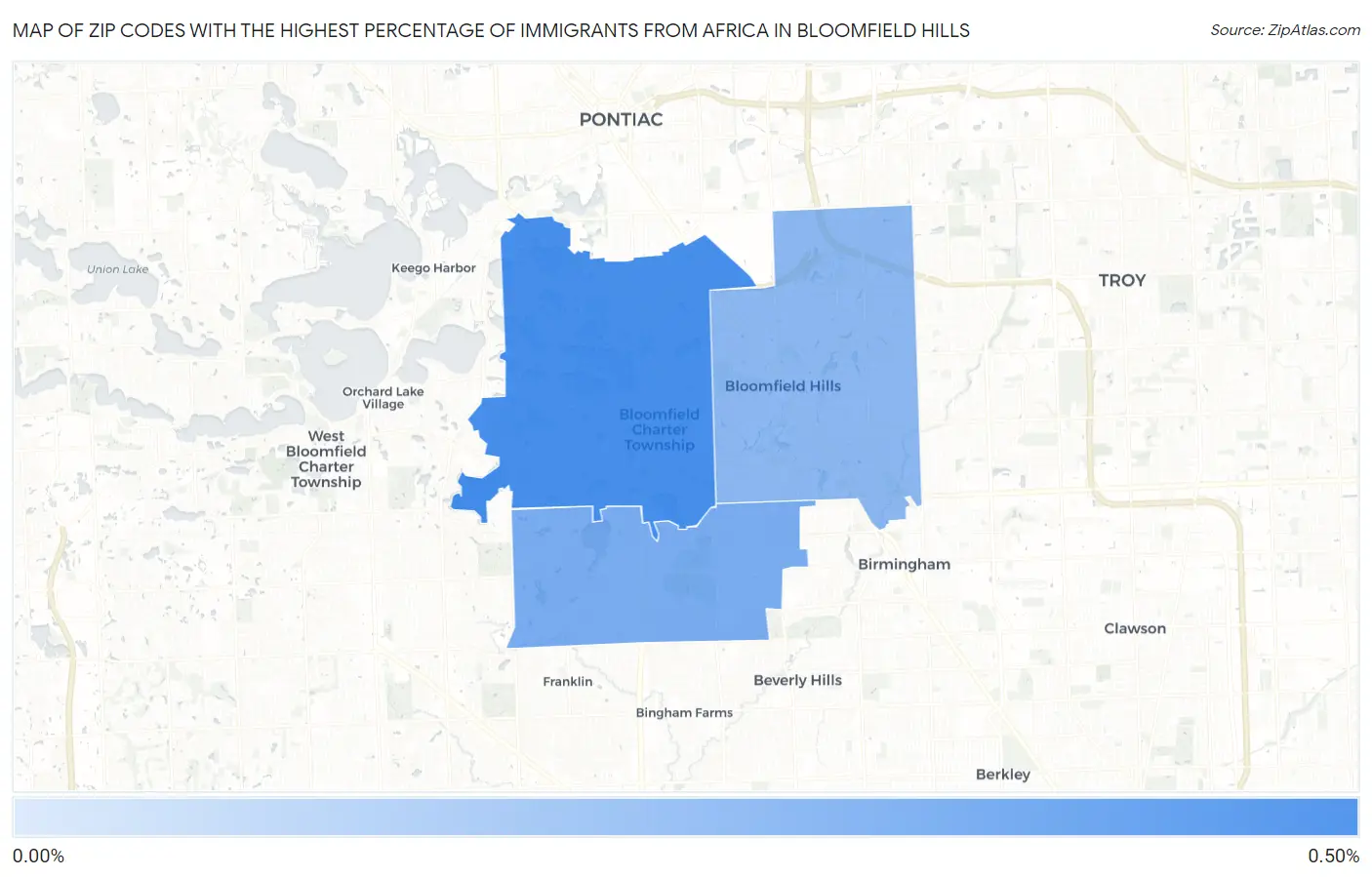 Zip Codes with the Highest Percentage of Immigrants from Africa in Bloomfield Hills Map