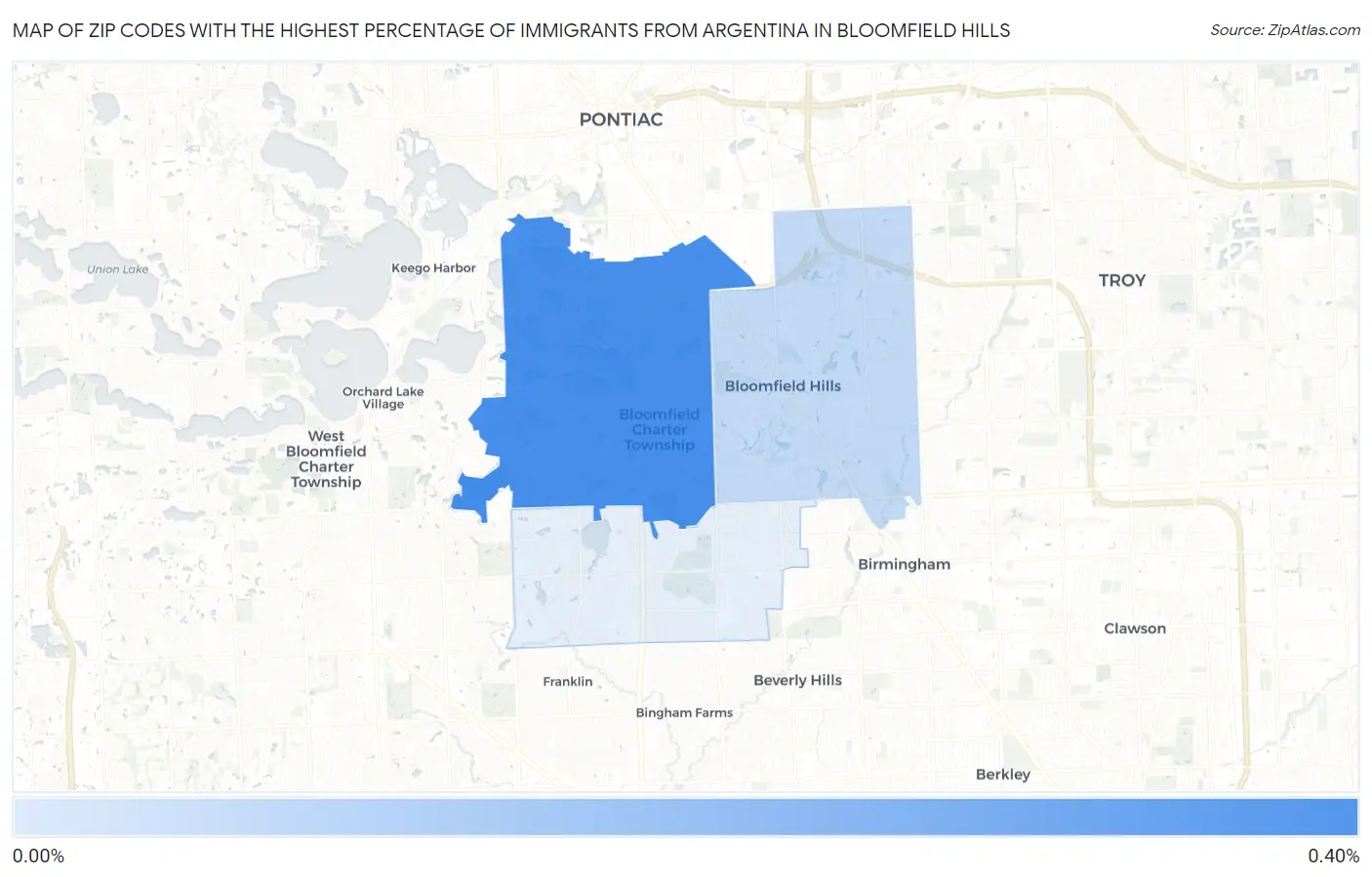 Zip Codes with the Highest Percentage of Immigrants from Argentina in Bloomfield Hills Map