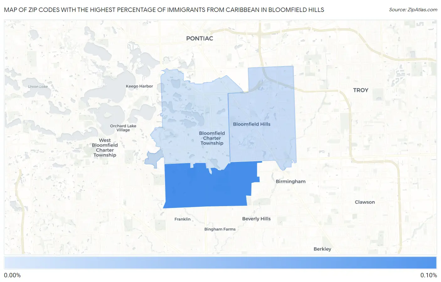 Zip Codes with the Highest Percentage of Immigrants from Caribbean in Bloomfield Hills Map