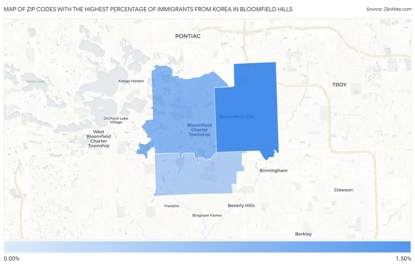 Zip Codes with the Highest Percentage of Immigrants from Korea in Bloomfield Hills Map