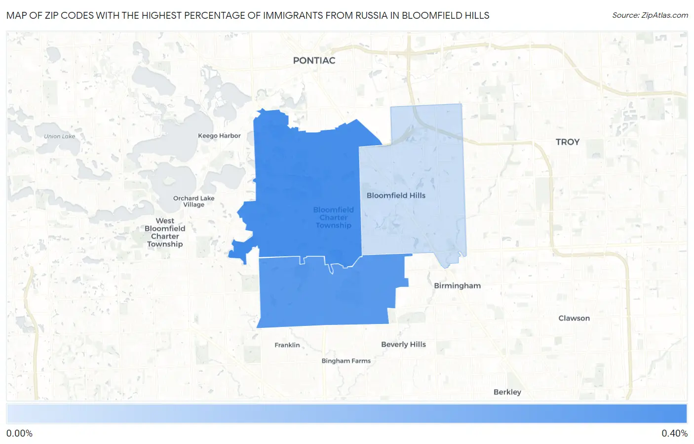 Zip Codes with the Highest Percentage of Immigrants from Russia in Bloomfield Hills Map