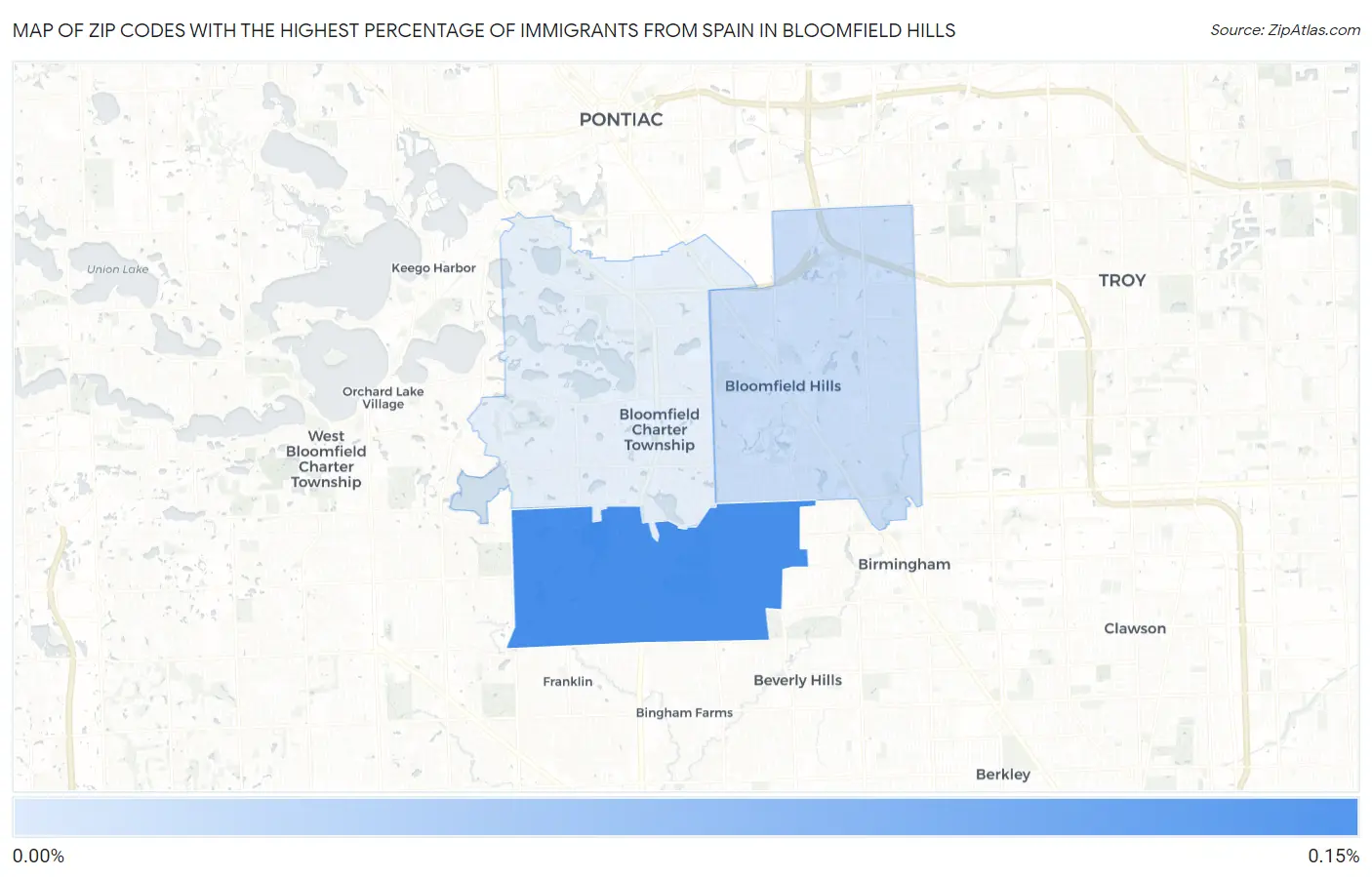 Zip Codes with the Highest Percentage of Immigrants from Spain in Bloomfield Hills Map