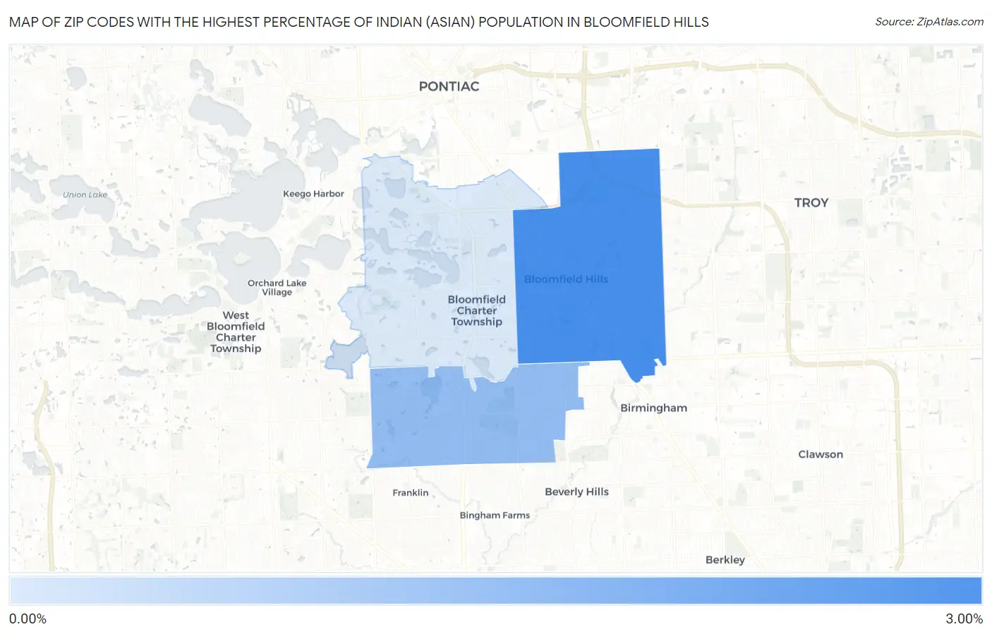Zip Codes with the Highest Percentage of Indian (Asian) Population in Bloomfield Hills Map