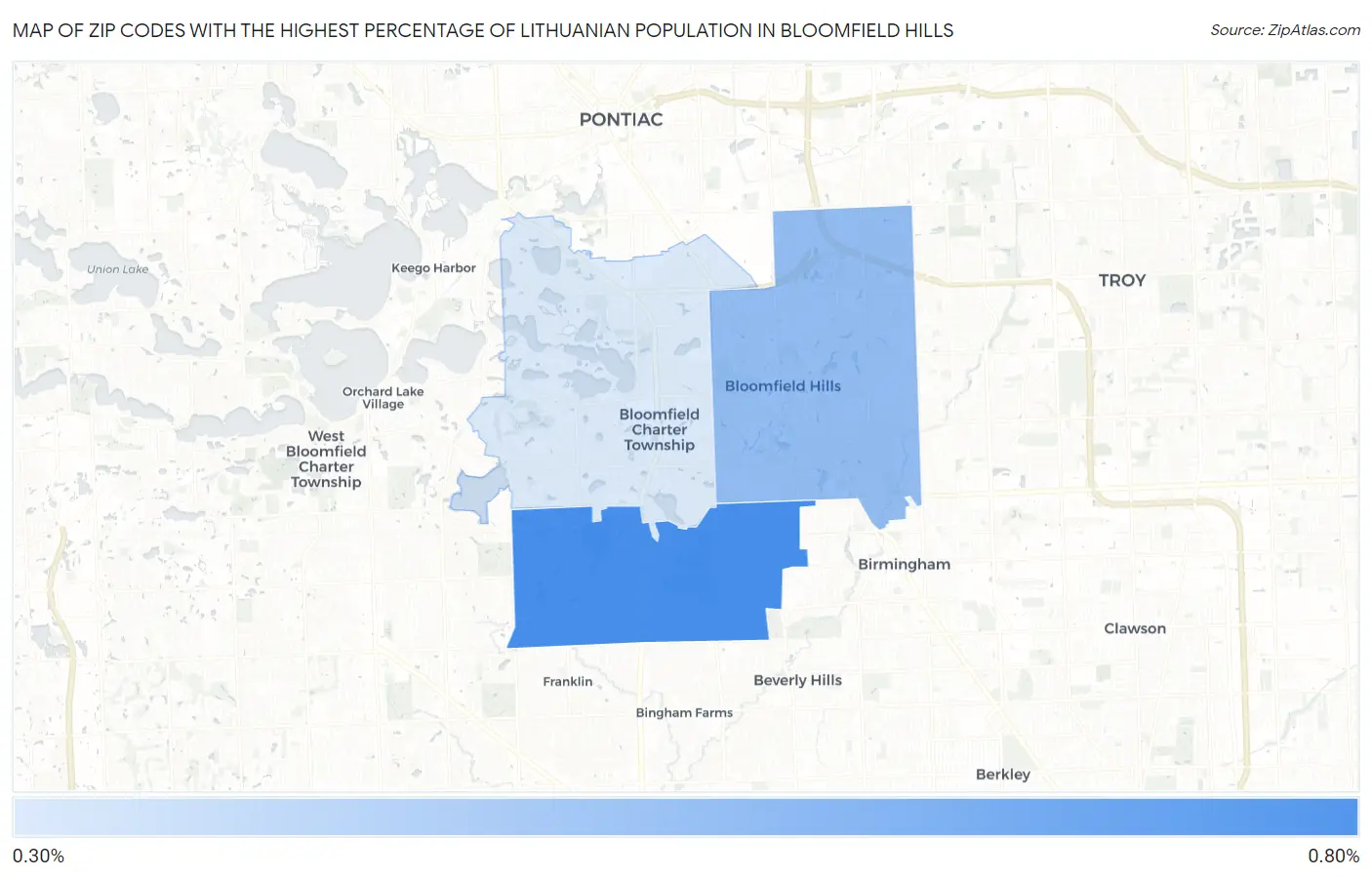 Zip Codes with the Highest Percentage of Lithuanian Population in Bloomfield Hills Map