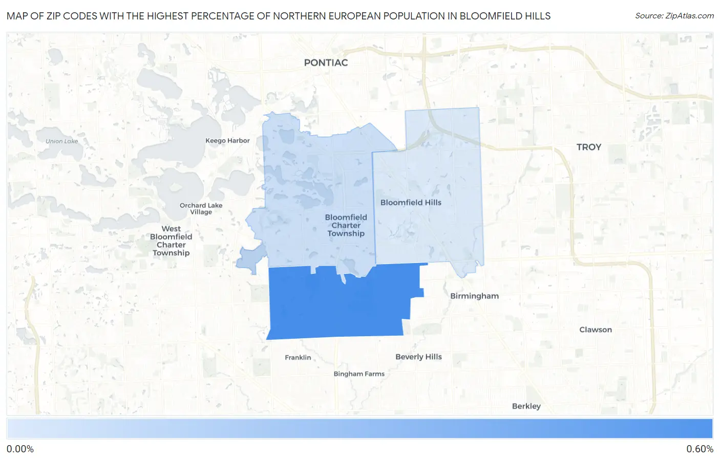 Zip Codes with the Highest Percentage of Northern European Population in Bloomfield Hills Map