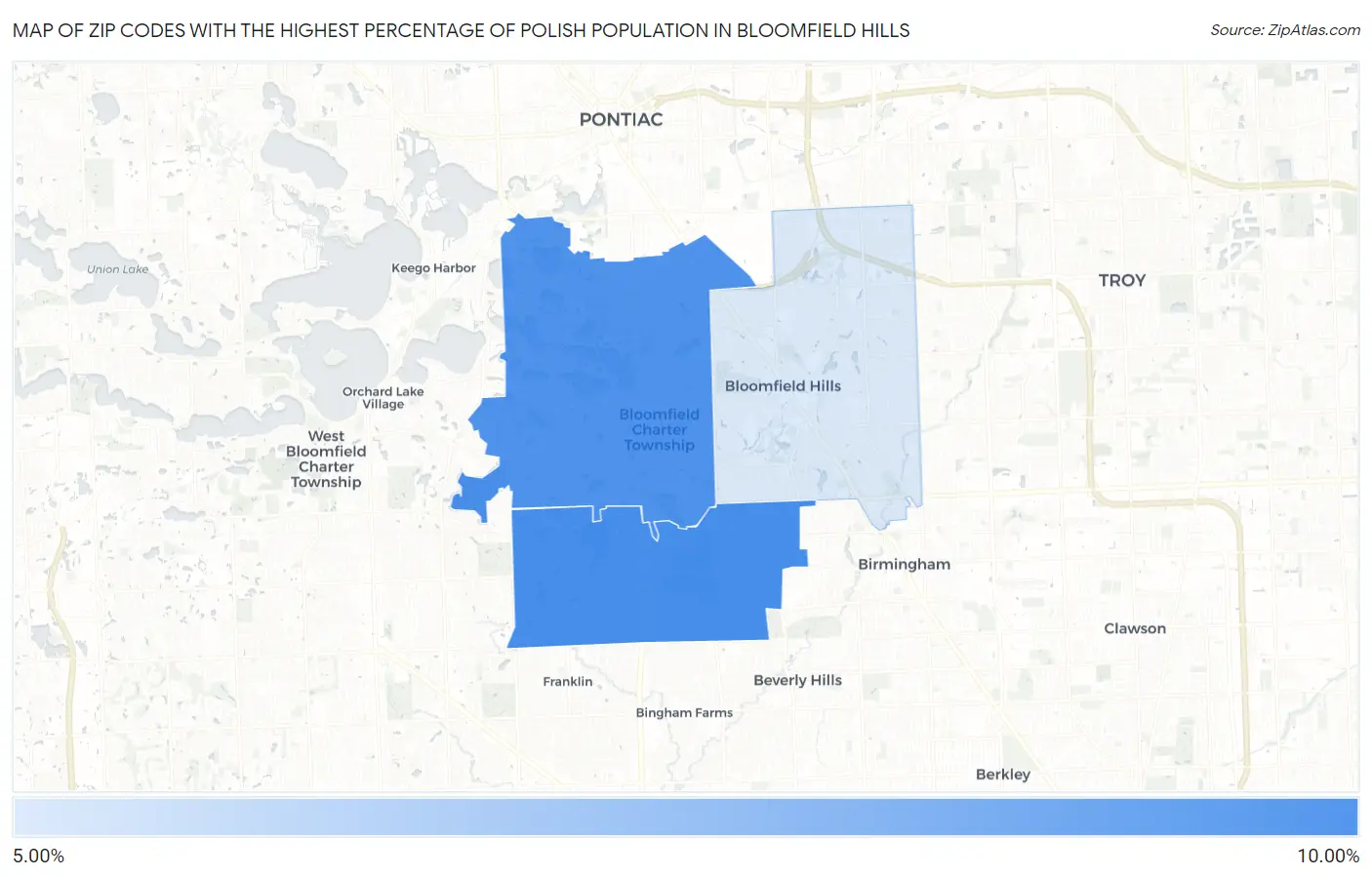 Zip Codes with the Highest Percentage of Polish Population in Bloomfield Hills Map
