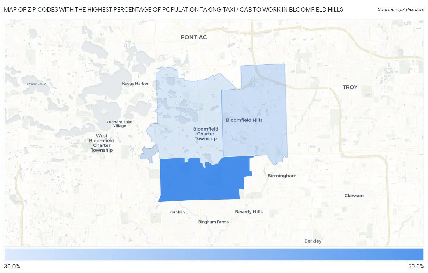 Zip Codes with the Highest Percentage of Population Taking Taxi / Cab to Work in Bloomfield Hills Map