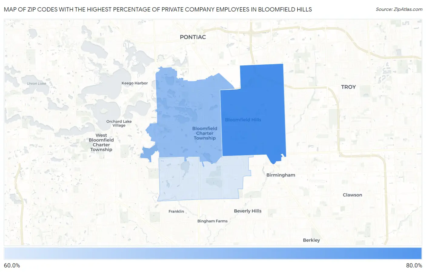 Zip Codes with the Highest Percentage of Private Company Employees in Bloomfield Hills Map