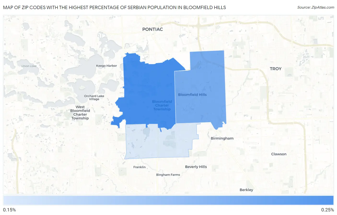 Zip Codes with the Highest Percentage of Serbian Population in Bloomfield Hills Map