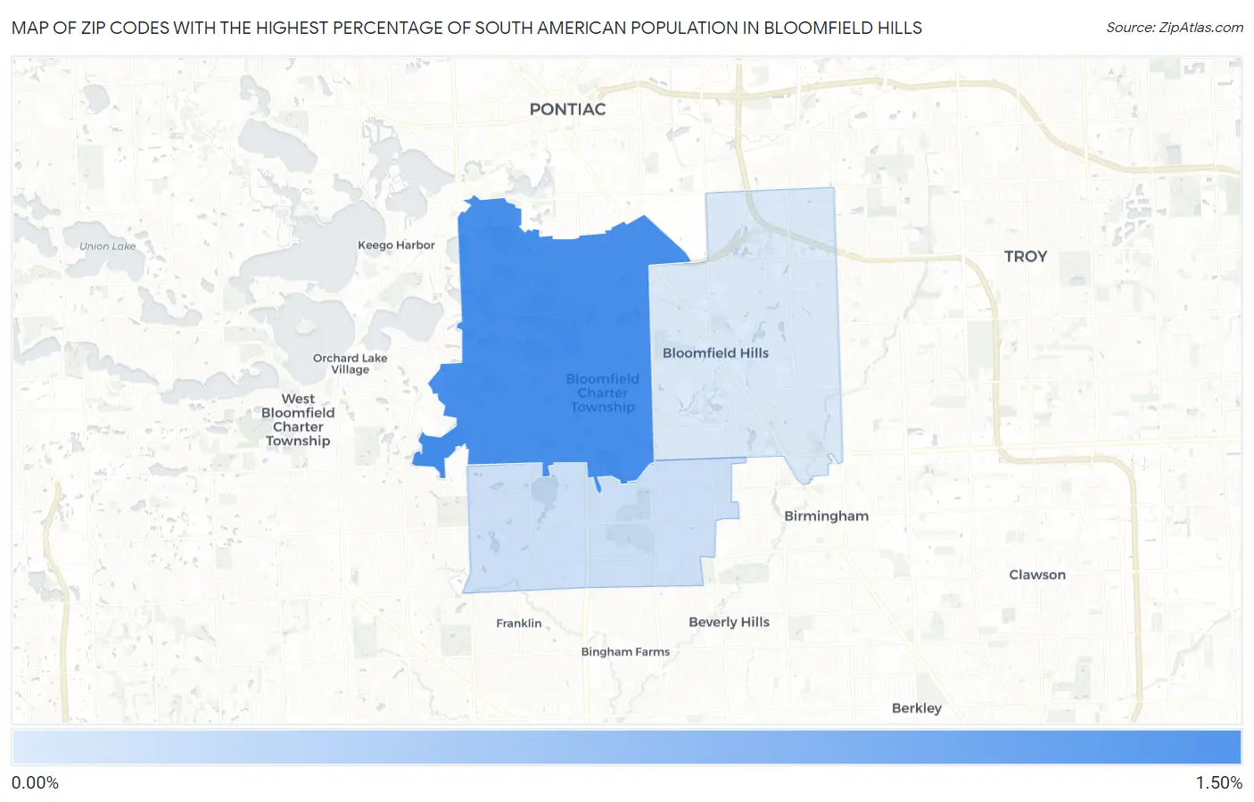 Zip Codes with the Highest Percentage of South American Population in Bloomfield Hills Map
