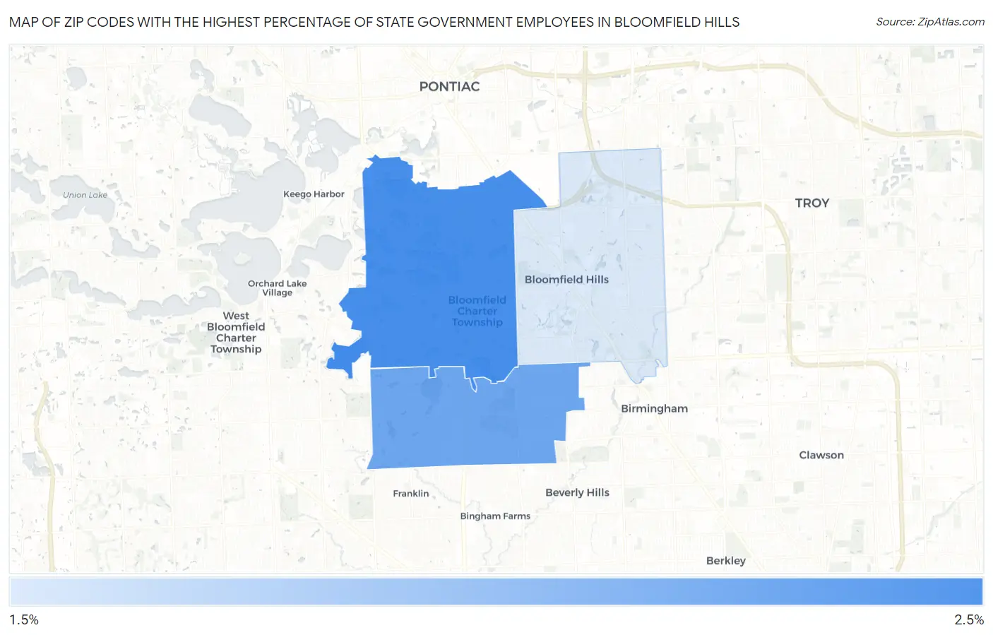 Zip Codes with the Highest Percentage of State Government Employees in Bloomfield Hills Map