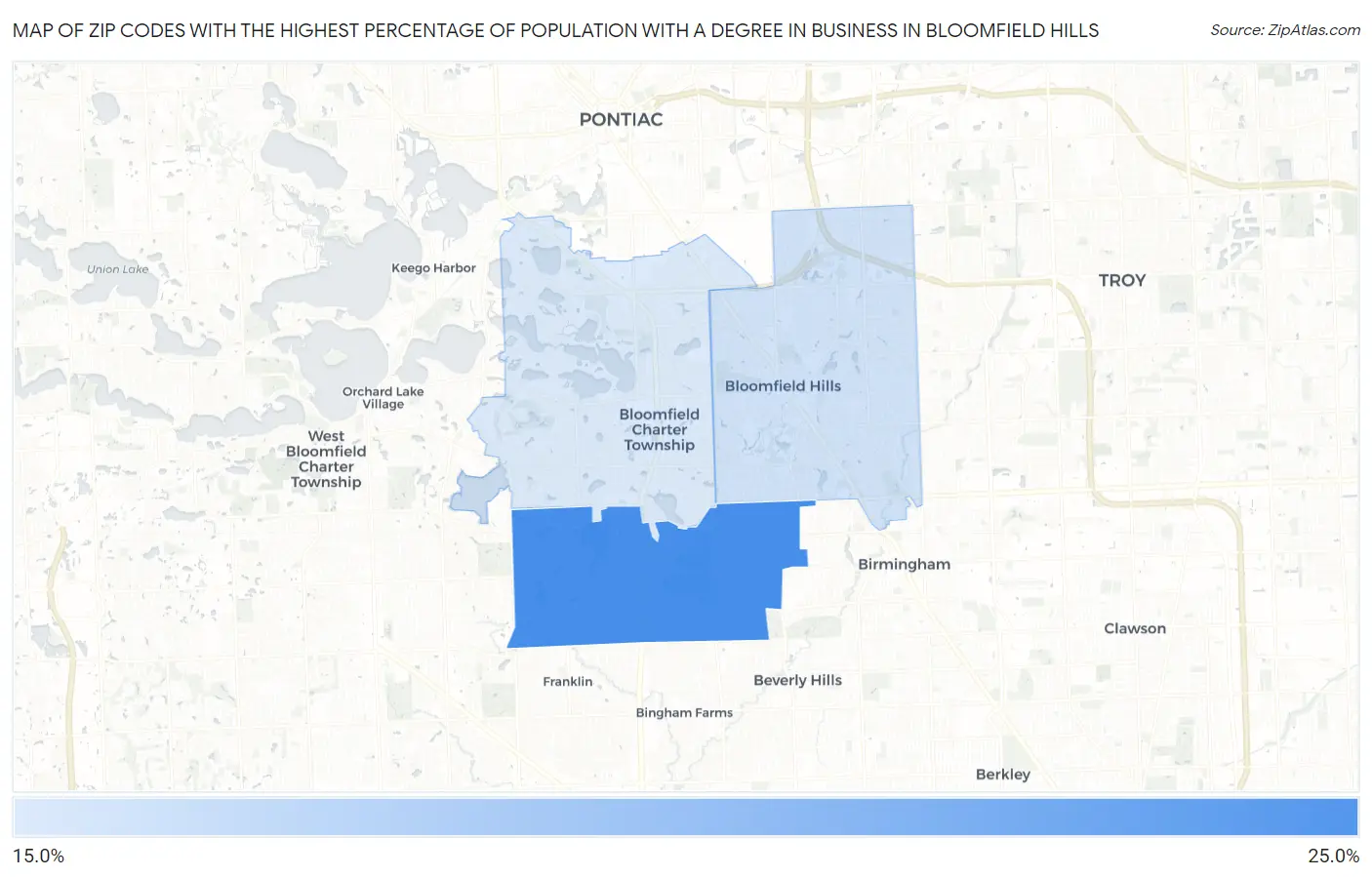 Zip Codes with the Highest Percentage of Population with a Degree in Business in Bloomfield Hills Map
