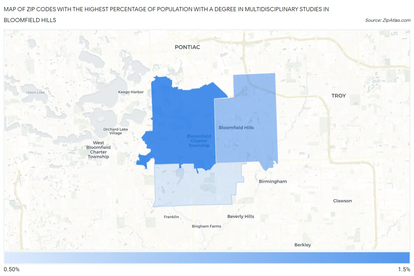 Zip Codes with the Highest Percentage of Population with a Degree in Multidisciplinary Studies in Bloomfield Hills Map