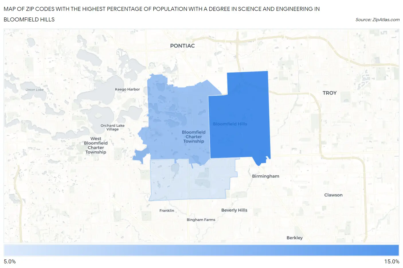Zip Codes with the Highest Percentage of Population with a Degree in Science and Engineering in Bloomfield Hills Map
