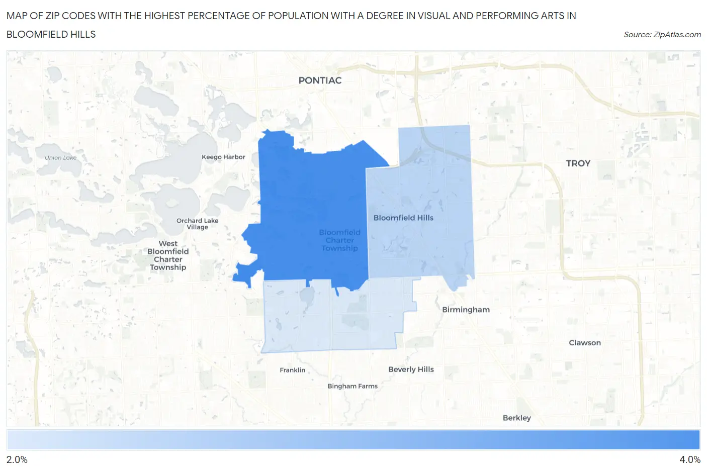 Zip Codes with the Highest Percentage of Population with a Degree in Visual and Performing Arts in Bloomfield Hills Map