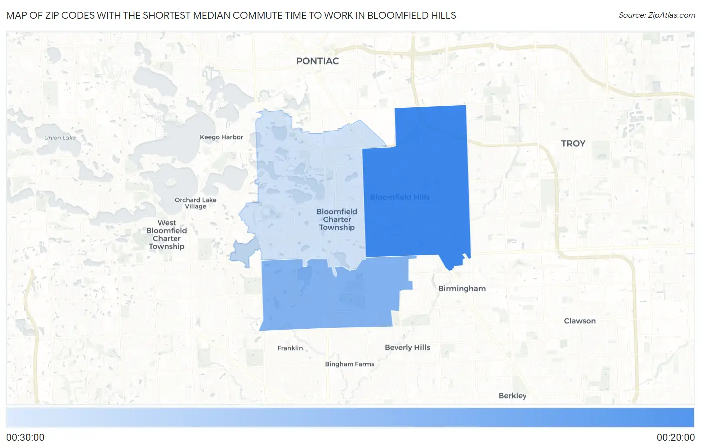 Zip Codes with the Shortest Median Commute Time to Work in Bloomfield Hills Map