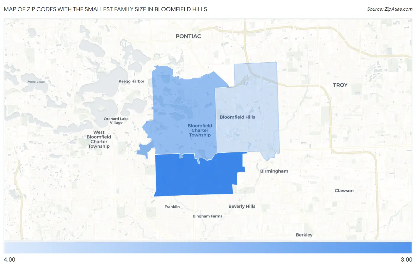 Zip Codes with the Smallest Family Size in Bloomfield Hills Map