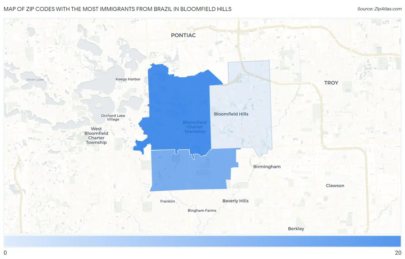 Zip Codes with the Most Immigrants from Brazil in Bloomfield Hills Map