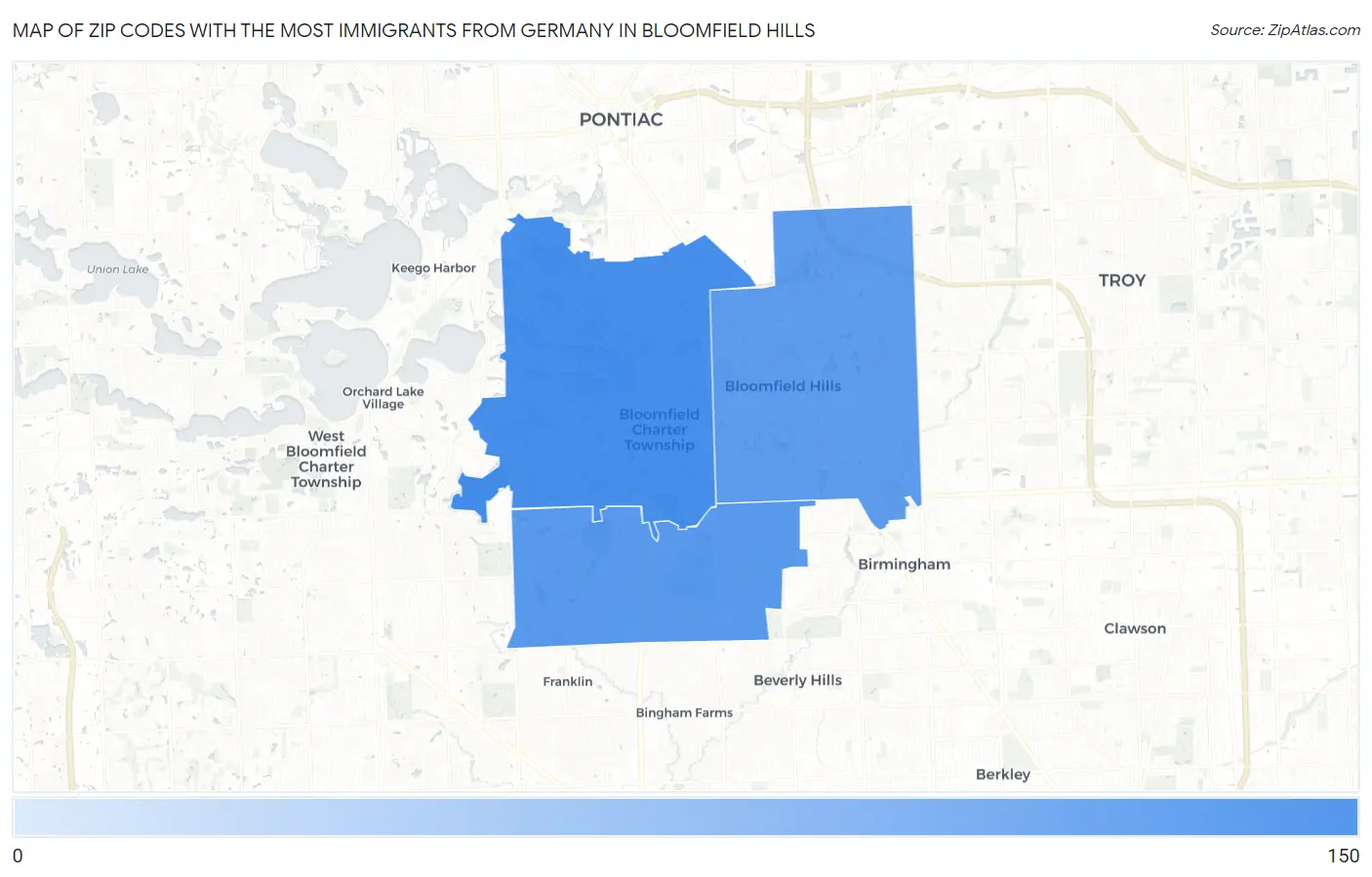 Zip Codes with the Most Immigrants from Germany in Bloomfield Hills Map