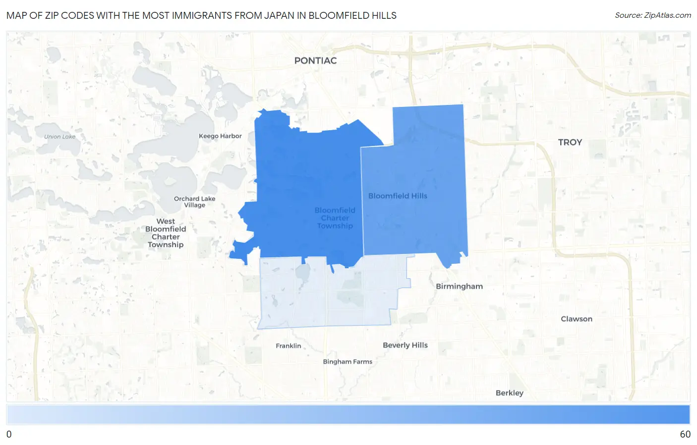 Zip Codes with the Most Immigrants from Japan in Bloomfield Hills Map
