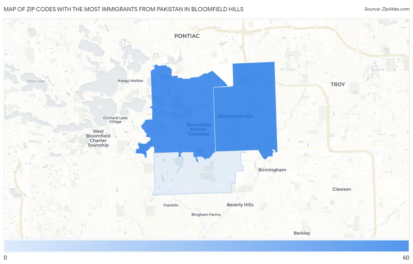 Zip Codes with the Most Immigrants from Pakistan in Bloomfield Hills Map
