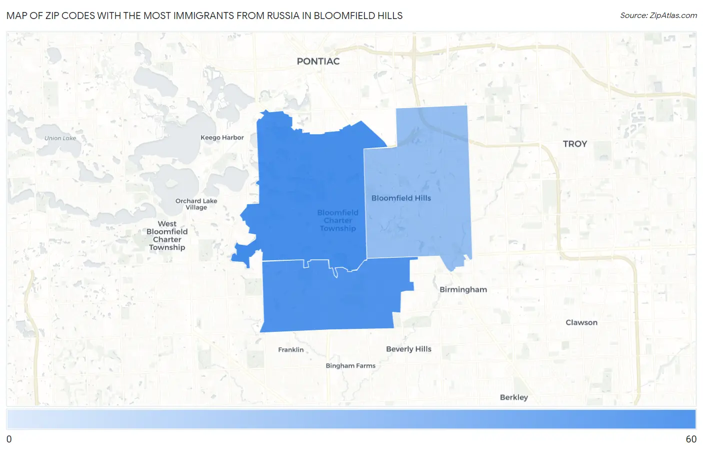 Zip Codes with the Most Immigrants from Russia in Bloomfield Hills Map