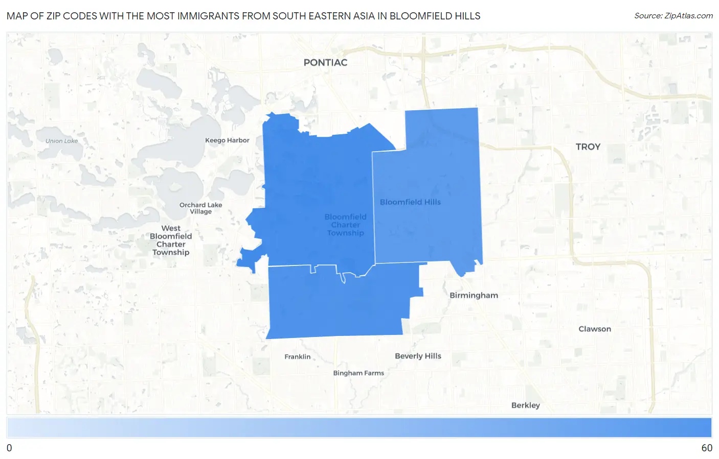 Zip Codes with the Most Immigrants from South Eastern Asia in Bloomfield Hills Map