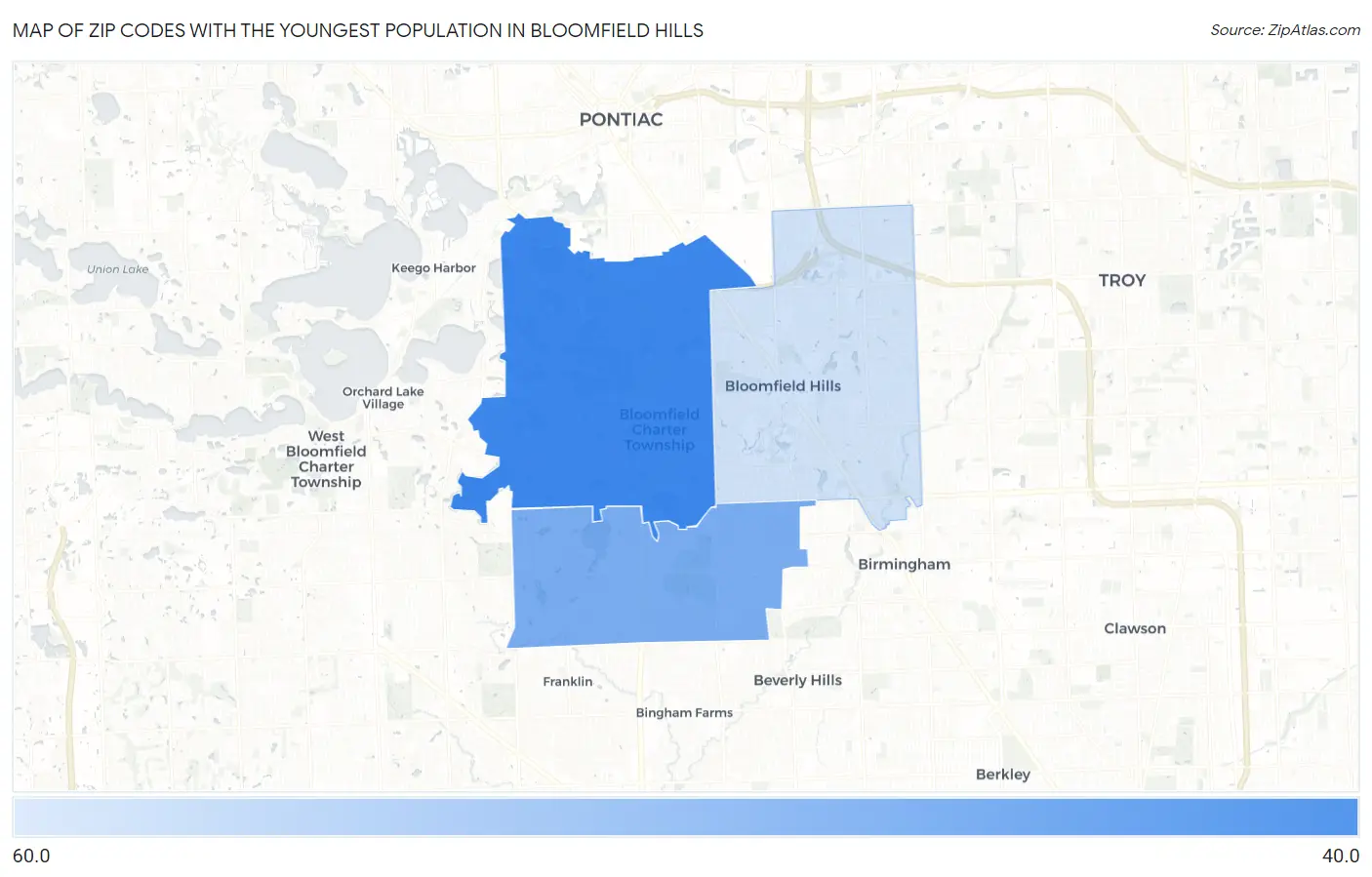 Zip Codes with the Youngest Population in Bloomfield Hills Map