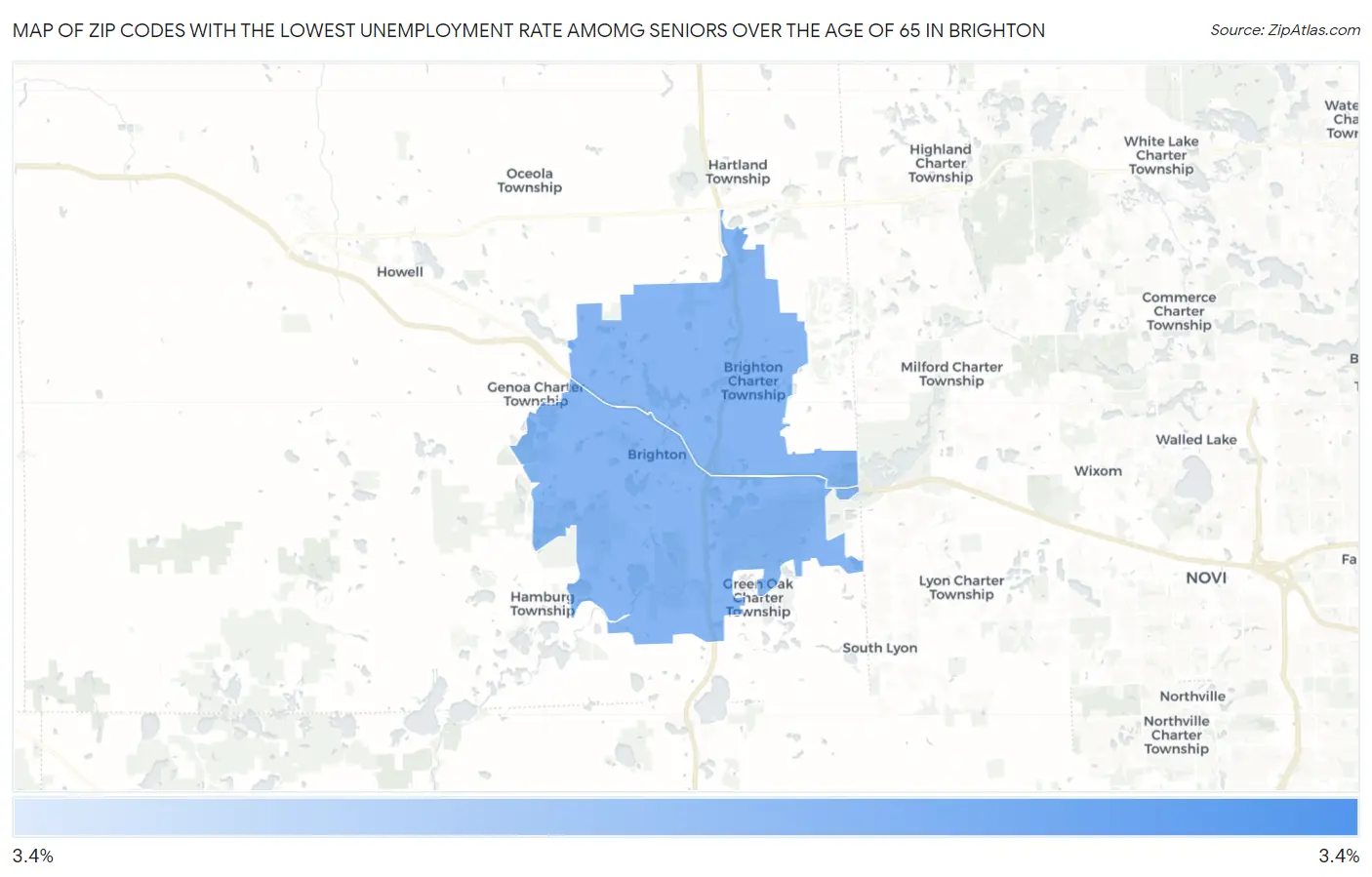Zip Codes with the Lowest Unemployment Rate Amomg Seniors Over the Age of 65 in Brighton Map