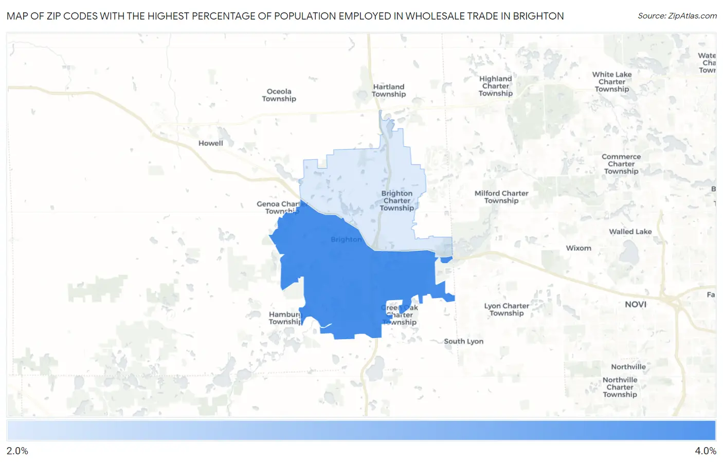Zip Codes with the Highest Percentage of Population Employed in Wholesale Trade in Brighton Map