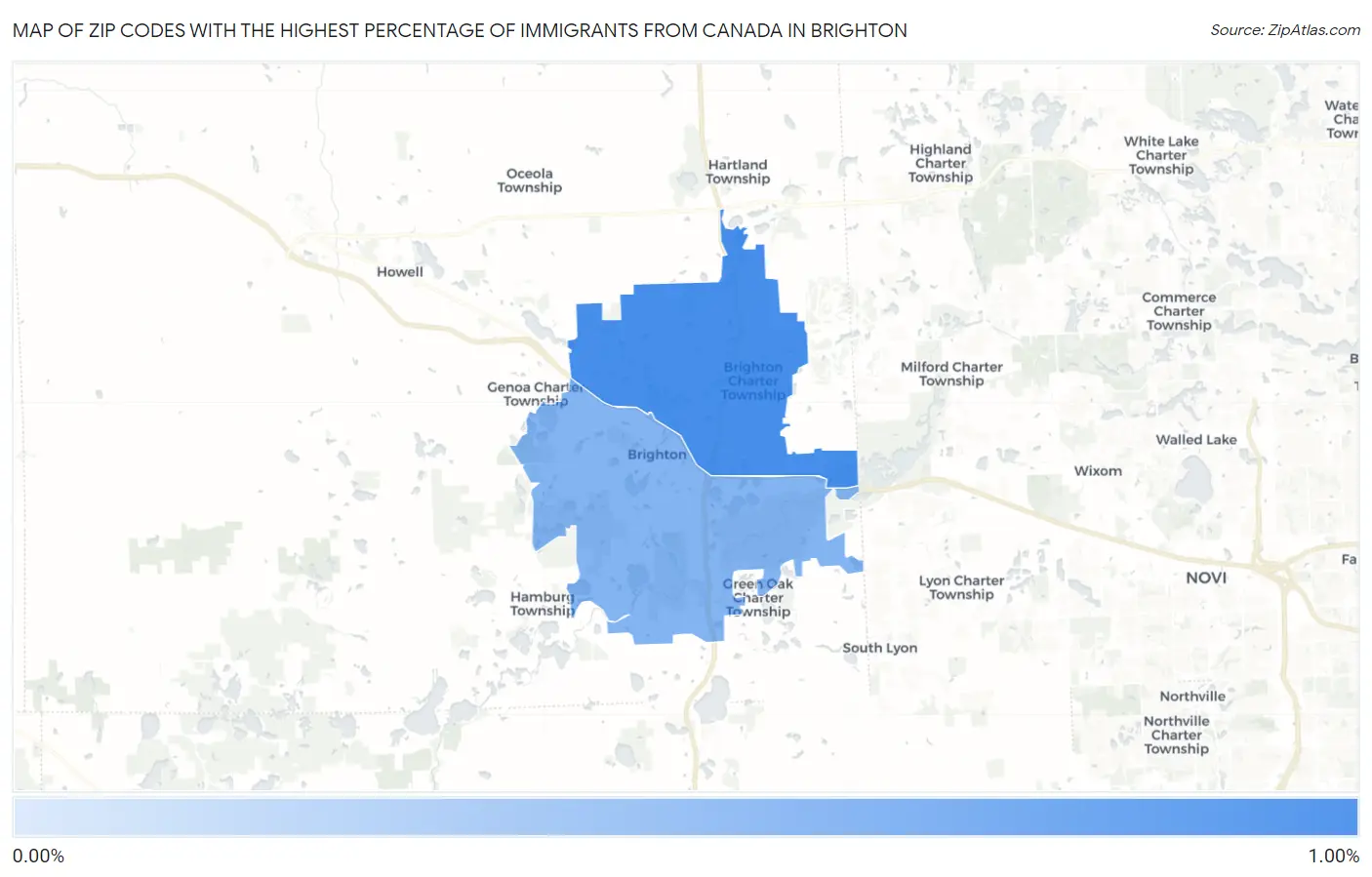 Zip Codes with the Highest Percentage of Immigrants from Canada in Brighton Map