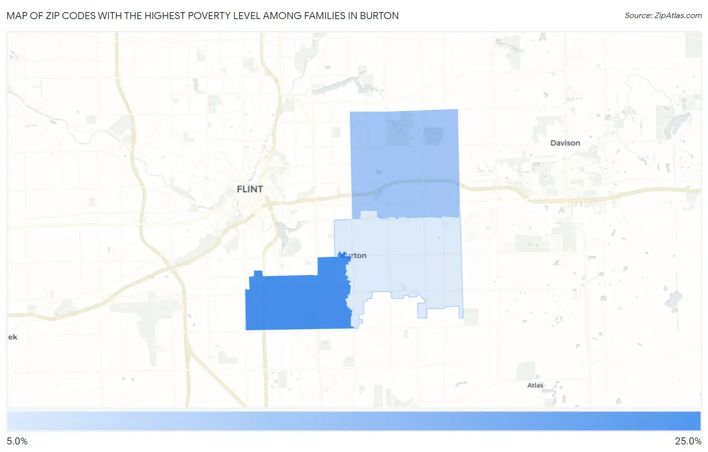 Zip Codes with the Highest Poverty Level Among Families in Burton Map