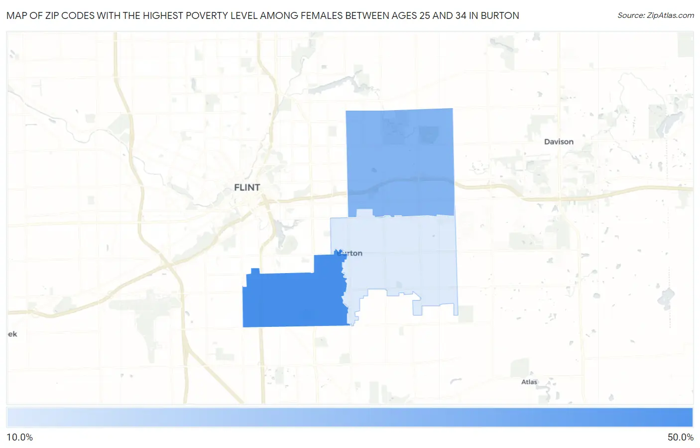 Zip Codes with the Highest Poverty Level Among Females Between Ages 25 and 34 in Burton Map