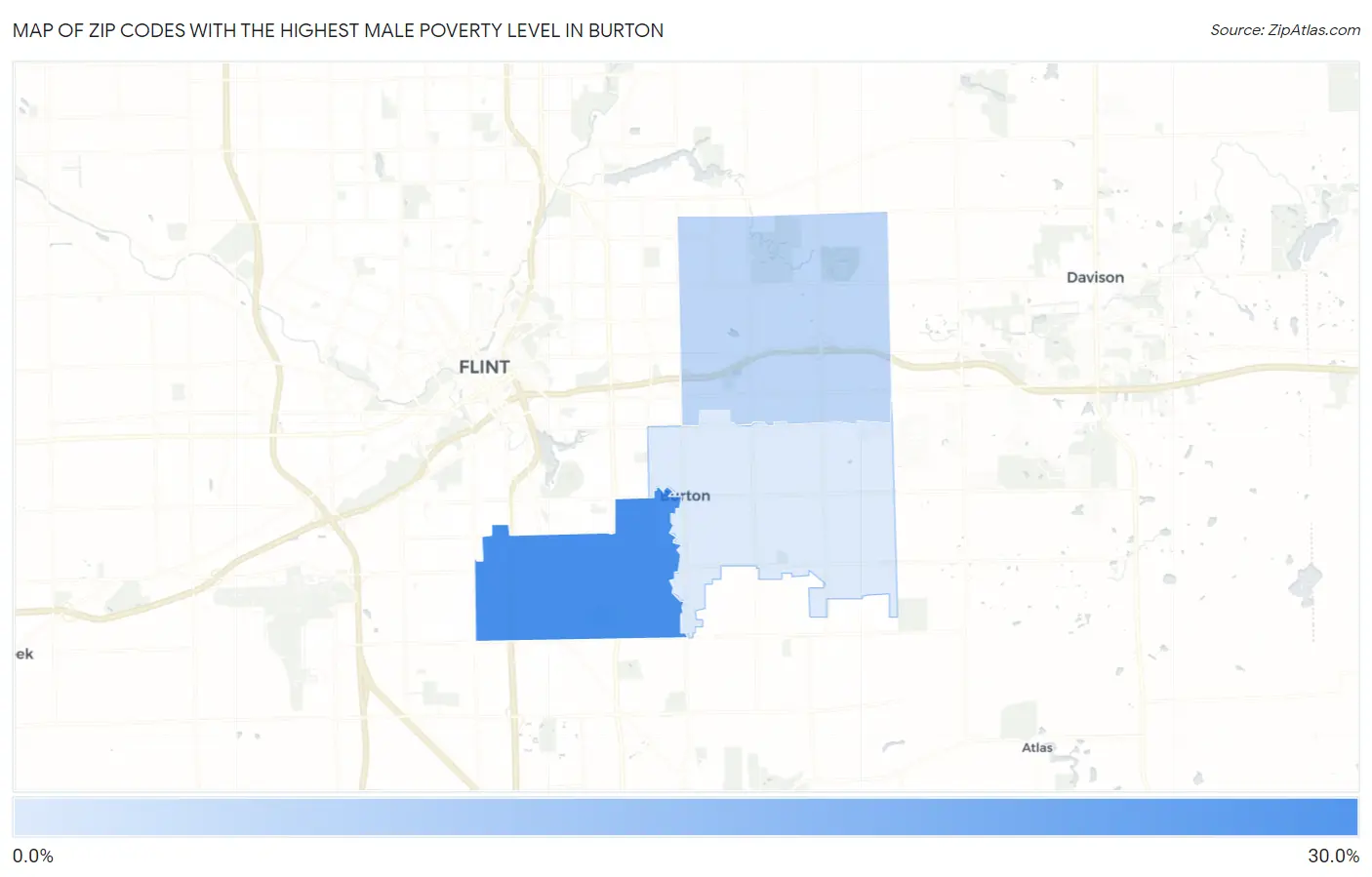 Zip Codes with the Highest Male Poverty Level in Burton Map