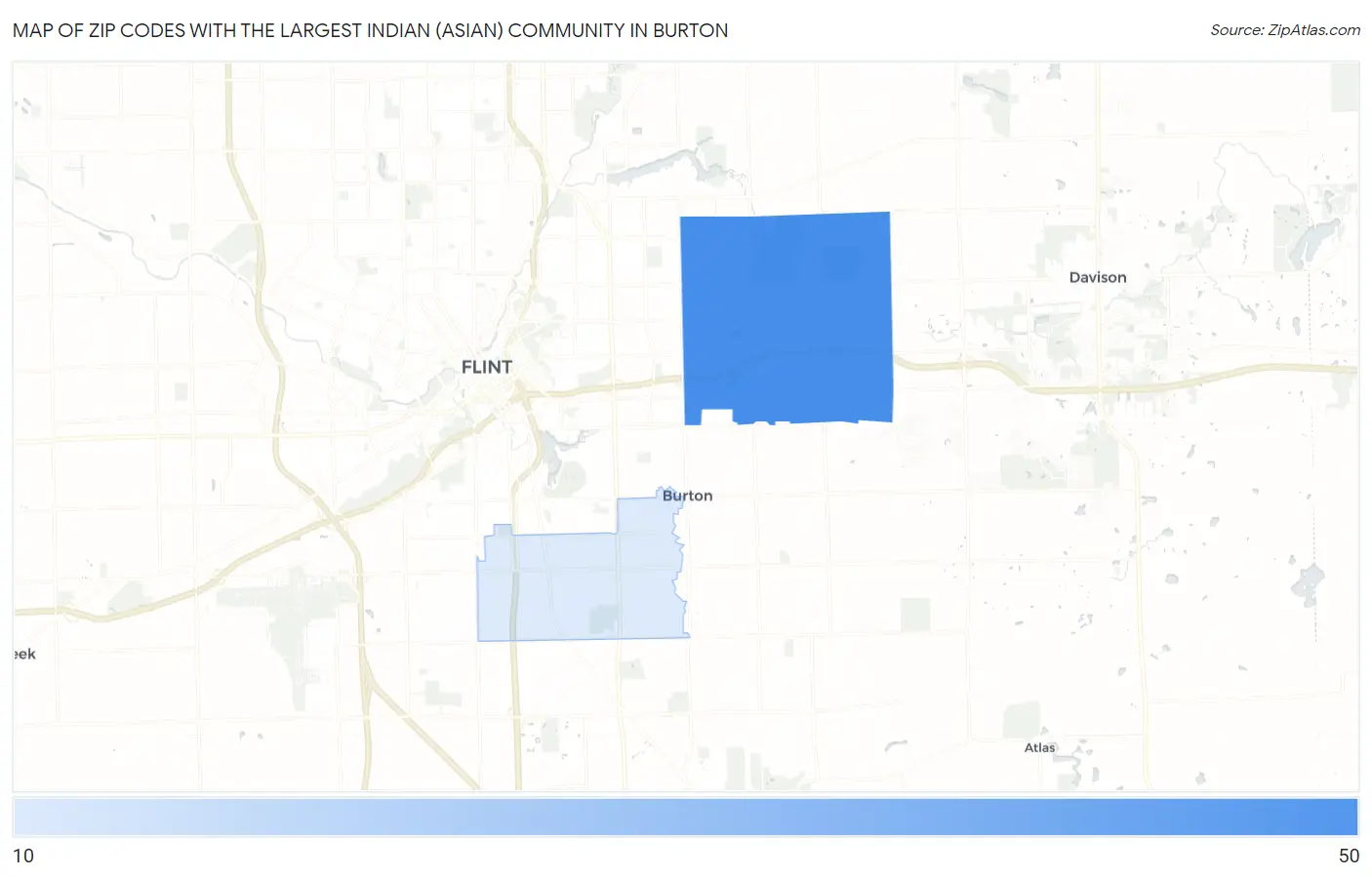 Zip Codes with the Largest Indian (Asian) Community in Burton Map