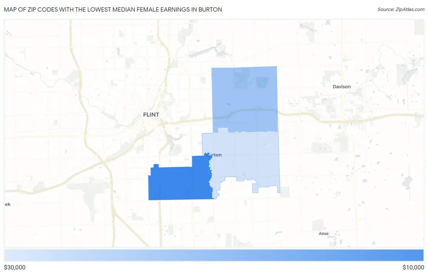 Zip Codes with the Lowest Median Female Earnings in Burton Map